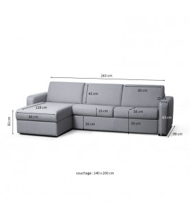 LORENZO - Canapé d'angle convertible système couchage express 3 places en tissu