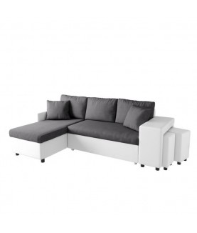 MARIA PLUS - Canapé d'angle réversible convertible avec coffre et 2 poufs en microfibre et simili - Mobilier du Jour