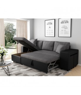 MARIA PLUS - Canapé d'angle réversible convertible avec coffre et 2 poufs en microfibre et simili - Mobilier du Jour