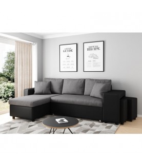 MARIA PLUS - Canapé d'angle réversible convertible avec coffre et 2 poufs en microfibre et simili - Mobilier du Jour
