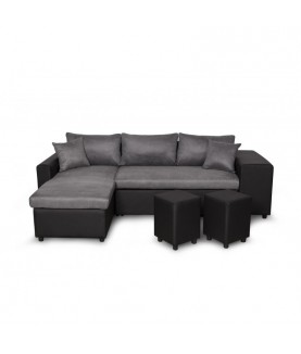 MARIA PLUS - Canapé d'angle réversible convertible avec coffre et 2 poufs en microfibre et simili - Mobilier du Jour