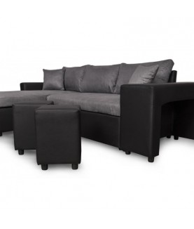 MARIA PLUS - Canapé d'angle réversible convertible avec coffre et 2 poufs en microfibre et simili - Mobilier du Jour