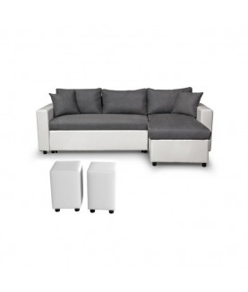 Laurence - Canapé d'angle réversible, convertible avec coffre de rangement et 2 poufs en microfibre et simili - Mobilier du Jour