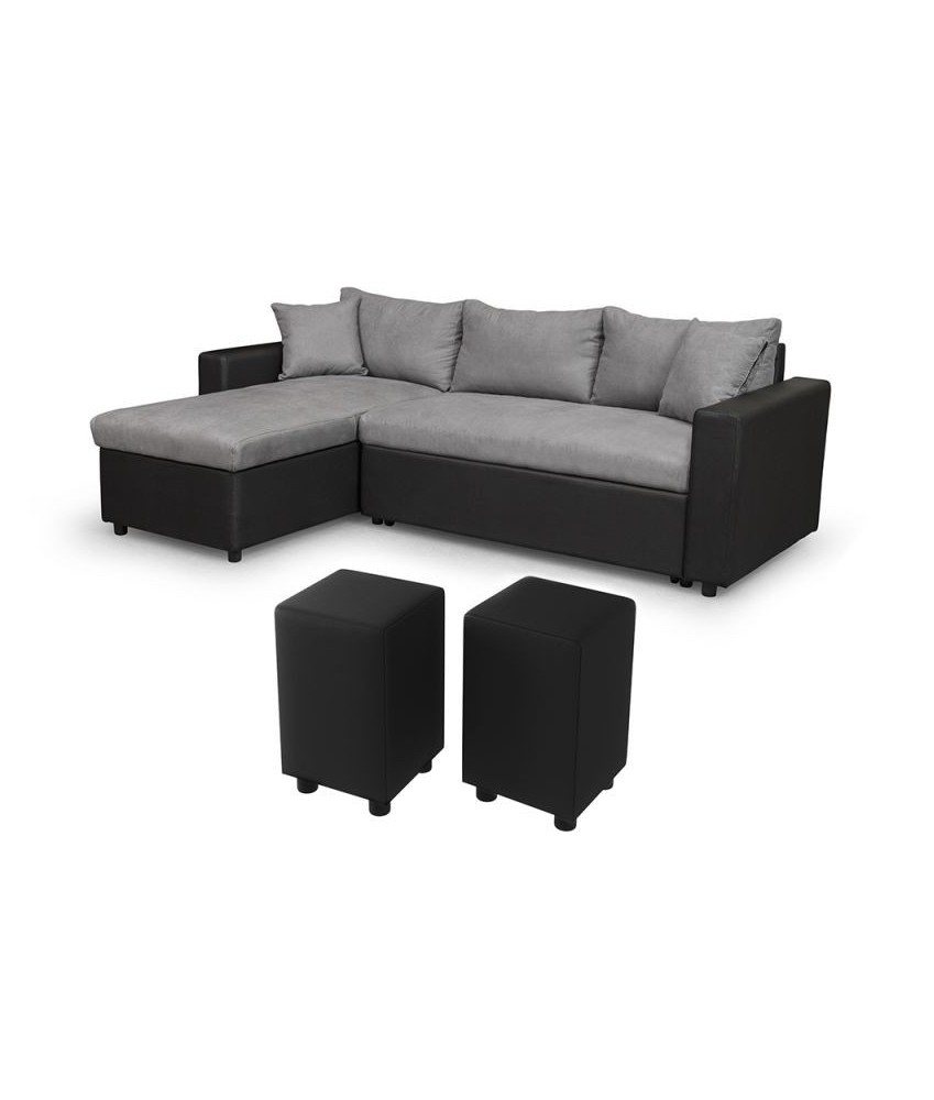 Laurence - Canapé d'angle réversible, convertible avec coffre de rangement et 2 poufs en microfibre et simili - Mobilier du Jour