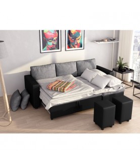 Laurence - Canapé d'angle réversible, convertible avec coffre de rangement et 2 poufs en microfibre et simili - Mobilier du Jour