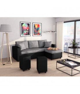 Laurence - Canapé d'angle réversible, convertible avec coffre de rangement et 2 poufs en microfibre et simili - Mobilier du Jour