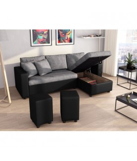 Laurence - Canapé d'angle réversible, convertible avec coffre de rangement et 2 poufs en microfibre et simili - Mobilier du Jour