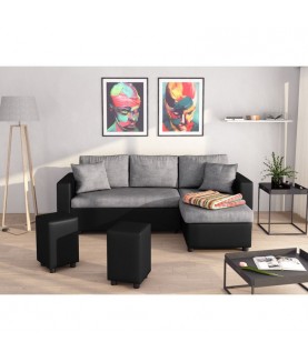 Laurence - Canapé d'angle réversible, convertible avec coffre de rangement et 2 poufs en microfibre et simili - Mobilier du Jour