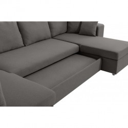 ALMA - Canapé panoramique convertible avec 2 coffres et 1 accoudoir étagère en tissu déperlant - Mobilier du Jour