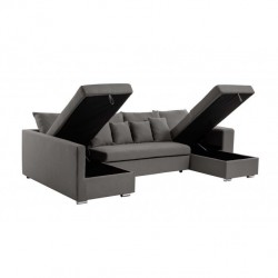 ALMA - Canapé panoramique convertible avec 2 coffres et 1 accoudoir étagère en tissu déperlant - Mobilier du Jour