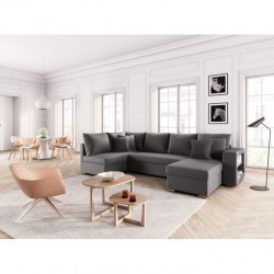 ALMA - Canapé panoramique convertible avec 2 coffres et 1 accoudoir étagère en tissu déperlant - Mobilier du Jour