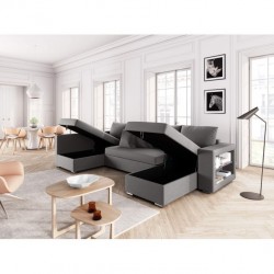 ALMA - Canapé panoramique convertible avec 2 coffres et 1 accoudoir étagère en tissu déperlant - Mobilier du Jour