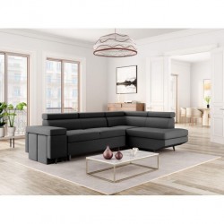 WILLIAM - Canapé d'angle convertible + 2 poufs avec niche de rangement fixe en tissu - Mobilier du Jour